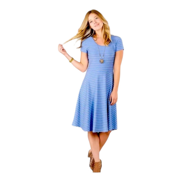 Matilda Jane Exploration Midi Dress Periwinkle Lace Stripe Stretch Short Sleeve - Picture 1 of 6